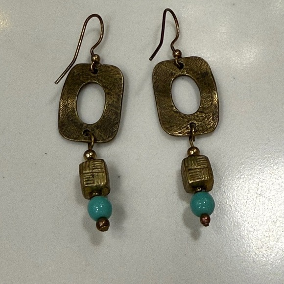 Bronze Tone Dangle Earrings with Turquoise Bead Boho Chic - Picture 2 of 2